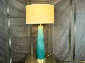 Gabby Brianna Blue Hand-Cut Glass With Champagne Sea Salt Linen Buffet Lamp