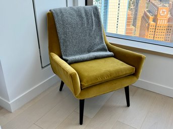 Jonathan Adler Mustard Velvet Arm Chair With Dark Wood Legs & Gray Mono Throw Blanket