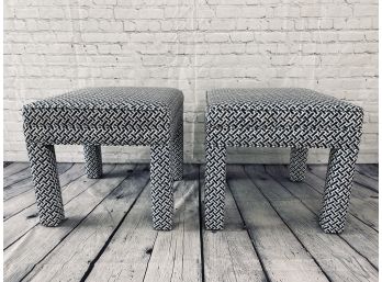 Pair Of Custom Upholstered Stools - Blue And White