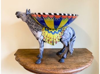 Ceramic Horse With Attached Colorful Circus Bowl