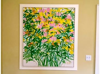 Large Oil On Canvas - Signed - Painted White Wood Frame - Pink, Green, Yellow, White