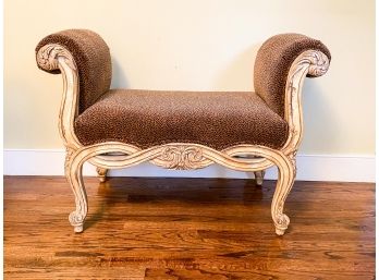 Carved Wood Bench With Brown And Black Velvet Fabric