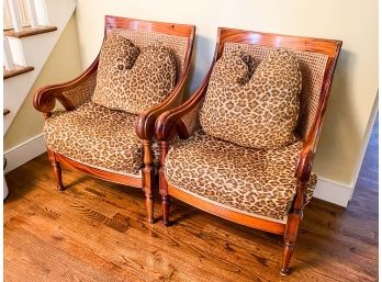 Pair Of Grange Leopard Print Armchairs With Cane Back And Sides