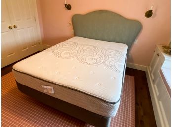 Queen Bed With Blue Grey Damask Fabric Headboard