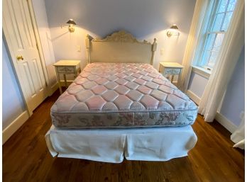 Queen Bed With Cream Painted Wood Headboard With Pair Of Painted Cream Bedside Tables