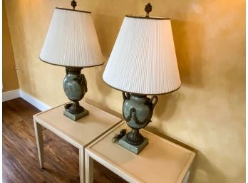 Pair Of Marble Lamps With Brass Gingerbread Detail