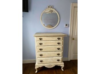 5 Drawer Cream Crackle Painted Wood Dresser With Feminine Round Wood Framed Mirror