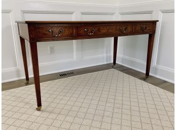 Burled Wood Partners Desk With Leather Top - 3 Drawers On Either Side - Brass Hardware And Wheels