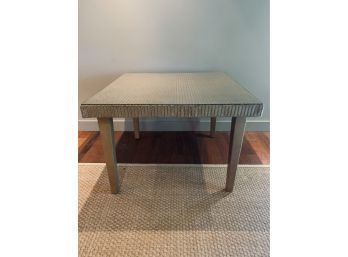 Tan Square Painted Wicker Table With Glass Top And Tan Metal Legs