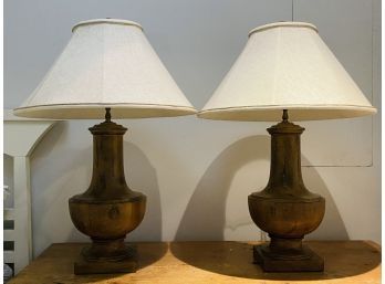 Pair Of Very Large Wood Balustrade Table Lamps With Sand Linen Shades