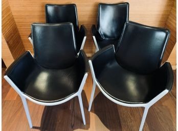 Set Of 4 Italian Black Leather And Brushed Metal Arm Chairs