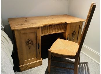 Antique Pine Desk With Chair - 2 Doors 1 Drawer With Keys - Floral Motif