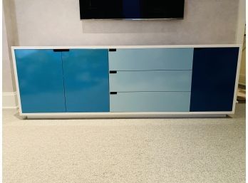 Modern Entertainment Console - Medium Blue, Sky Blue And White - 3 Drawers 3 Doors