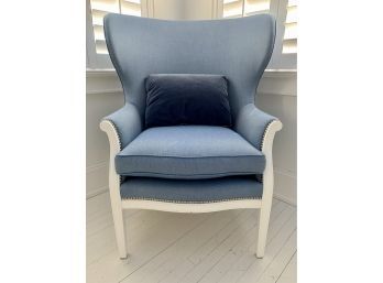 Colonial Blue Custom Fabric Wing Back Chair With Painted White Legs And Chrome Nailhead Detail