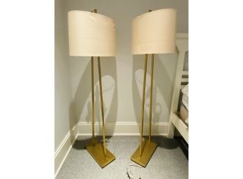 Pair Of Modern Brass Standing Lamps With Sand Linen Shades