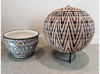 Large African Woven Basket On Stand, Large Italian Ceramic Vietri Planter