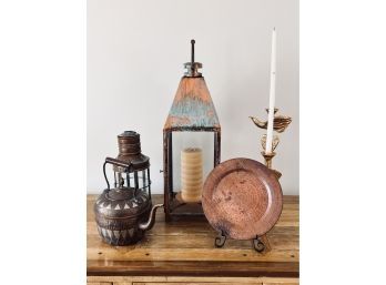 Large Copper Lantern And Pair Of Metal Cast Painted Gold Candlesticks