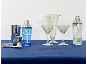 Collection Of Barware - 3 Shakers, 2 Martini Glasses, 1 Pitcher