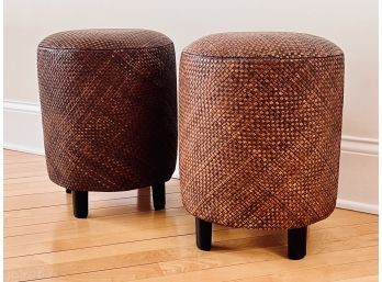 Pair Of Hand Woven  Rattan Stools On Black Plastic Feet