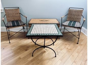 Ceramic Tile Top Table, 2 Rattan And Iron Palecek Chairs And Rattan Trunk