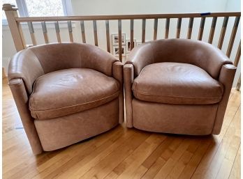 Pair Of Saddle Leather Barrel Chairs - Swivel