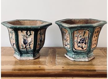 Pair Of Asian Flower Pots - Green, Multi