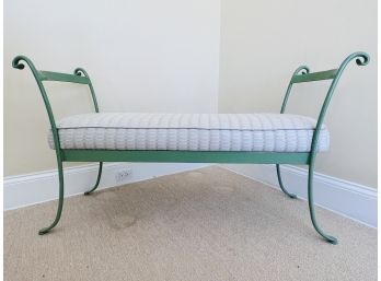 Painted Seafoam Green Iron Bench With Affixed Cushion In Sage Green