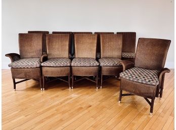 Set Of 10 Janus Et Cie Brown Wicker Chairs With Janus Et Cie Checkerboard Cushions - 2 Arm, 8 Side