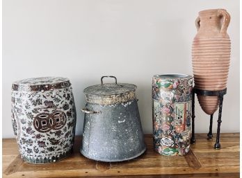 Collection Of Asian Pieces - 3 Ceramic, 1 Metal, Water Jug On Stand