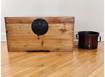 Antique Raw Pine Trunk With Large Brass Latch And Handles And Large 2 Handle Copper Bucket