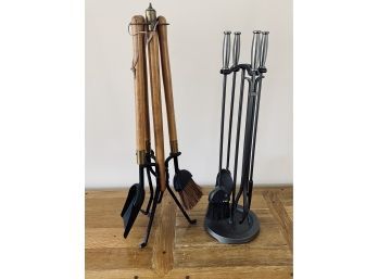 Fireplace Tools - Wood Handle, Wrought Iron And Brass Detail