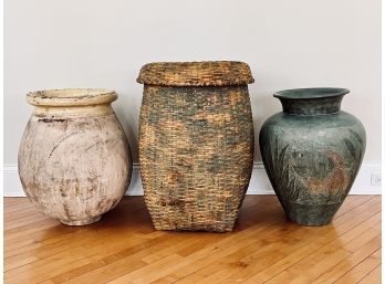 3 Large Vessels - 1 Antique Yellow French Ceramic Urn, 1 Green Ceramic Floral Motif And 1 Woven Rattan