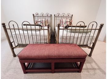 Pair Of Painted Iron Twin Beds With Shell Motif And Custom Upholstered Bench