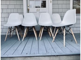 Set Of 8 Eames White Molded Plastic Side Chair With Maple Legs