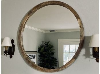 Large Round Light Wood Framed Hanging Mirror