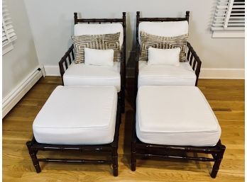 Pair Of Dark Wood Bamboo Look Armchairs With Ottomans - White Cotton Fabric