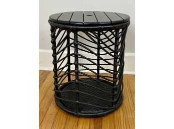 Small Black Round Storage Side Table With Removable Top - Outdoor Wicker And Wood