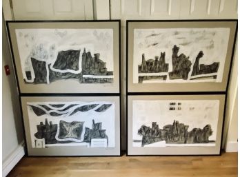 Set Of 4 Framed Signed Modern Abstracts - Oil On Paper - Bought At Saint-Ouen Market In Paris