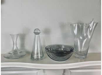 Various Glass Items - 2 Sets Mixing Bowls, Vase, Decanter, Pitcher