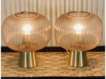 Pair Of Brass And Pink Glass Table Lamps - Unmarked