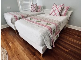 Pair Of TWIN Beds - Mattresses On IKEA Platform With Madison Pink And Green Matthews Linens