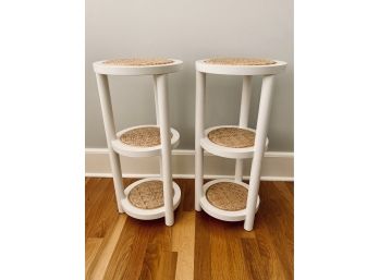 Pair Of Small White And Rattan Side Tables - 3 Tier