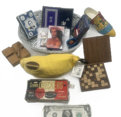 Misc Small Games Lot, Playing Cards Including Chippendales, Bananagrams, Wooden Toys And Others