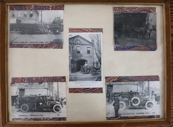 Framed Postcards & Photo Of Fire Apparatus From Bridgeport CT & New Britain CT - Frame 17' X 13'
