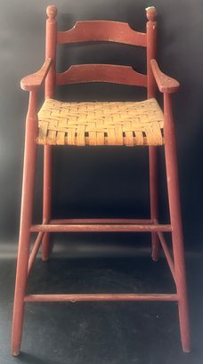 Antique Child's High Chair In Red Paid With Woven Split Ash Seat, 18.5' X 15' 32'H