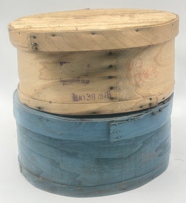 2 Pcs Wooden Cheese Crates, 1-Painted Blue & 1- Nature Stamped Cabot Farmers Co-op, 16' Diam. X 7'H
