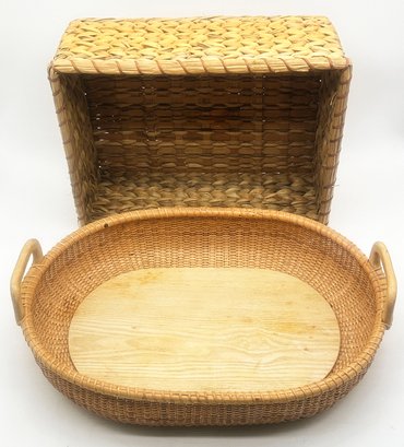 2 Pcs Baskets, Large Oval With Carved Wood Handles & Bottom 20' X 14.25' X 3.75'D & Rectangular Woven Fiber