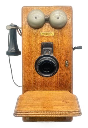 Vintage Western Electric Oak Wall Mount Crank Telephone, 12' X 12.5' X 20.25'H