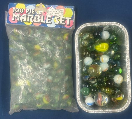 Collection Of Vintage Marbles, Including Shooters And An Unopened Bag Of 100 Pcs Marble Set
