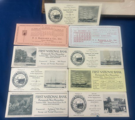 9 Pcs Collection Of Vintage Advertising Ink Blotters, Mostly First National Bank, Portsmouth, NH, Each 9' X 4'
